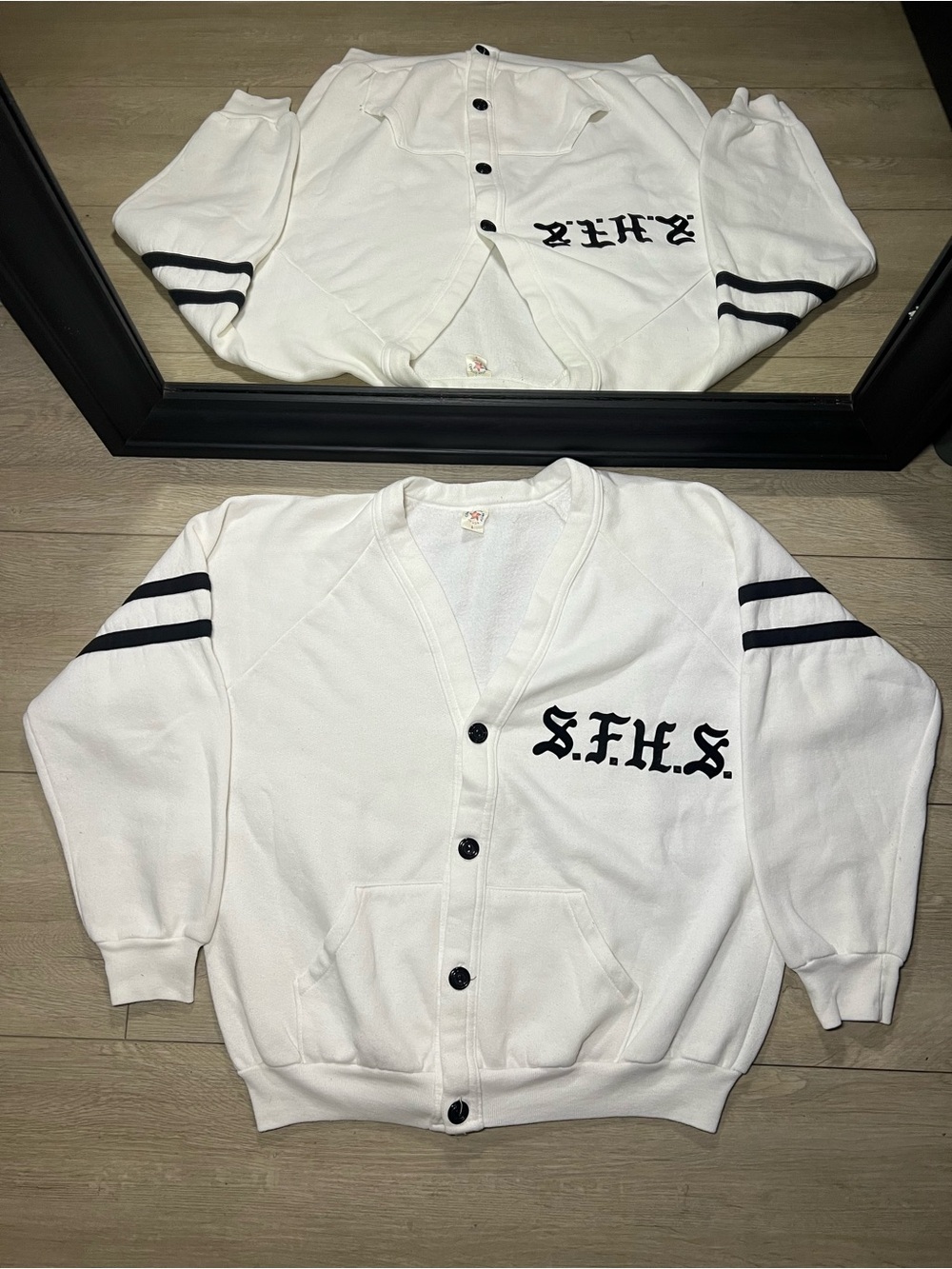 Vintage 1970s San Fernando High School Old English Striped Button Down Cardigan